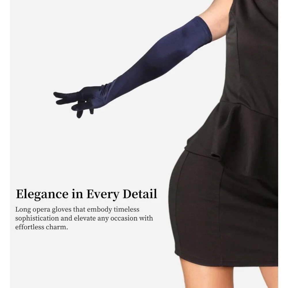 Women's Elbow Length Navy Blue Satin Gloves Costume Princess Party Accessories